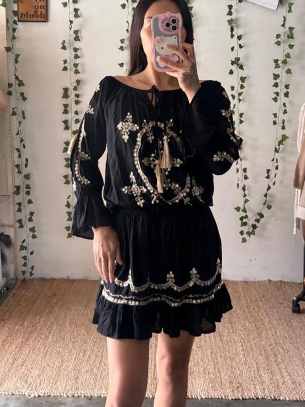 Boho black mini dress with embroidery, sequin detailing, and tassels size M
